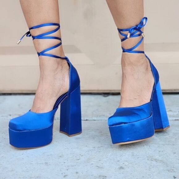 Womens Satin Platform Chunky Lace Up Heels Blue Color - Picture 2 of 5